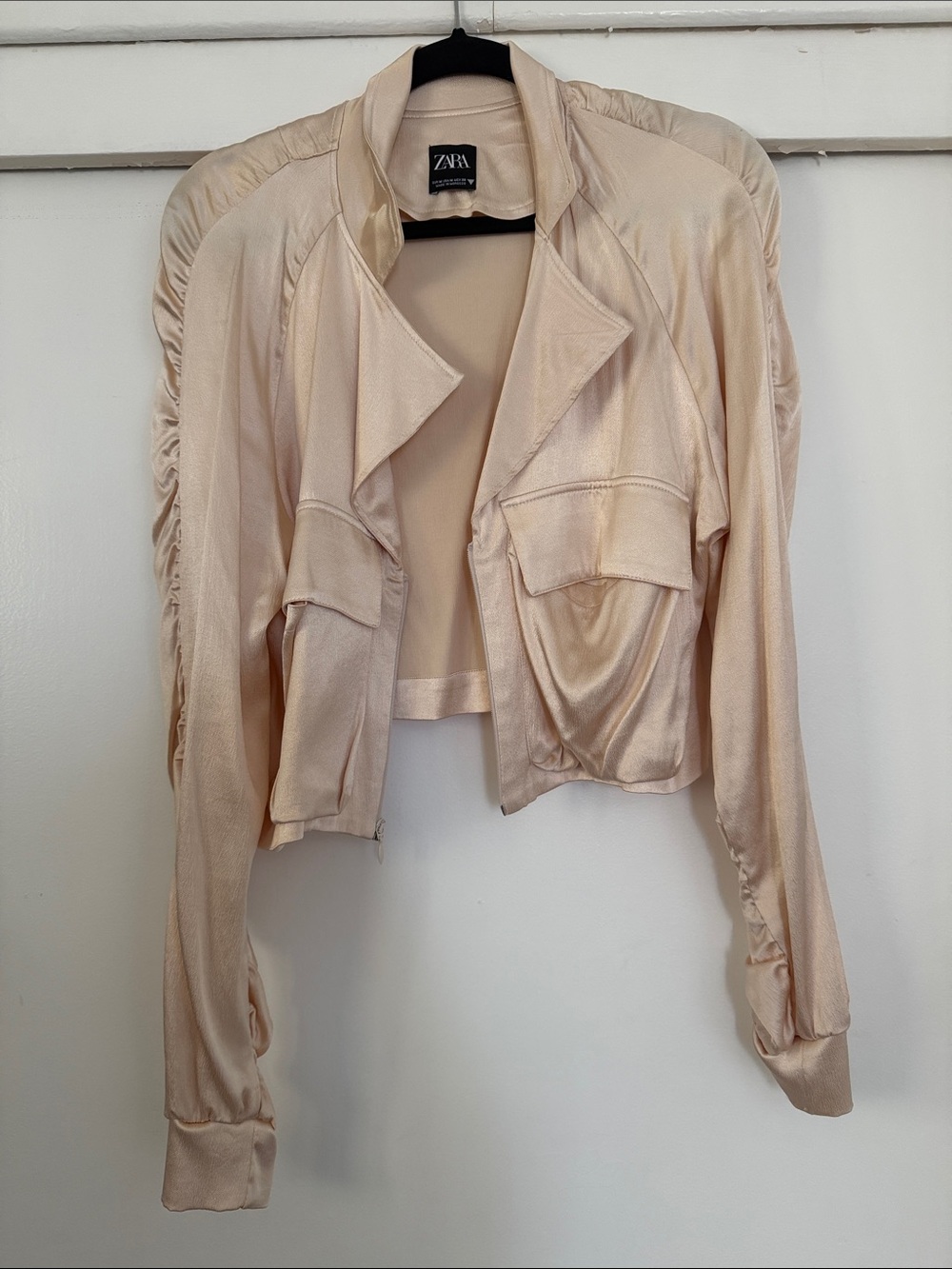 Zara Blush Satin Cropped Bomber Jacket